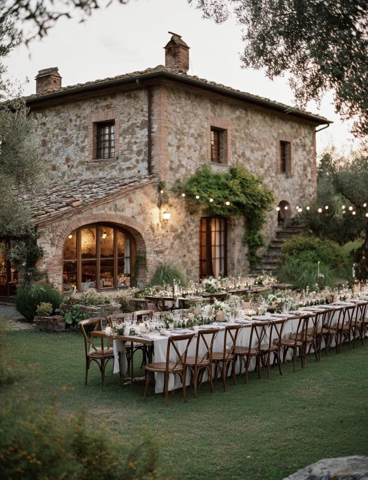 Stone Catalan masia set for an outdoor dinner with string lights and long table